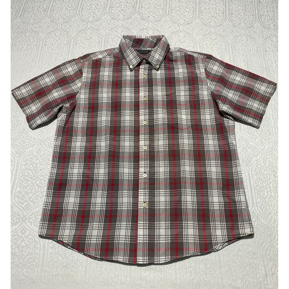 Faded Glory Mens Plaid Short Sleeve Button Down Shirt Grey Granite Red Large L - Picture 1 of 6